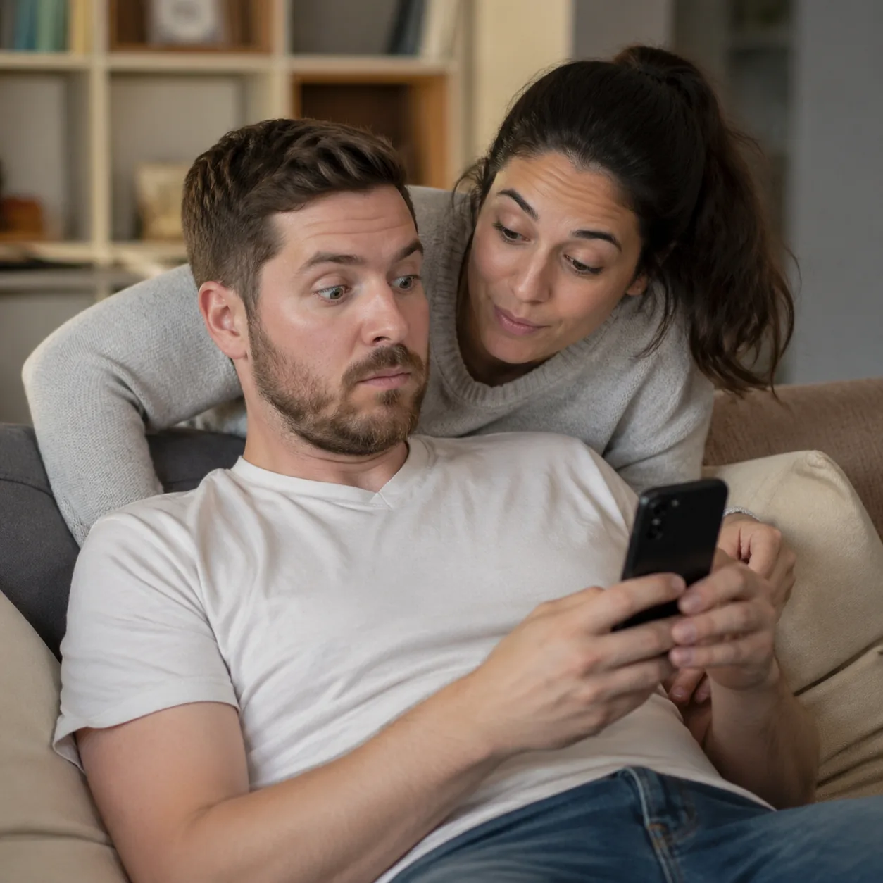 Funny realistic lifestyle photo of a wife casually leaning over her husband's shoulder reading his phone screen while he