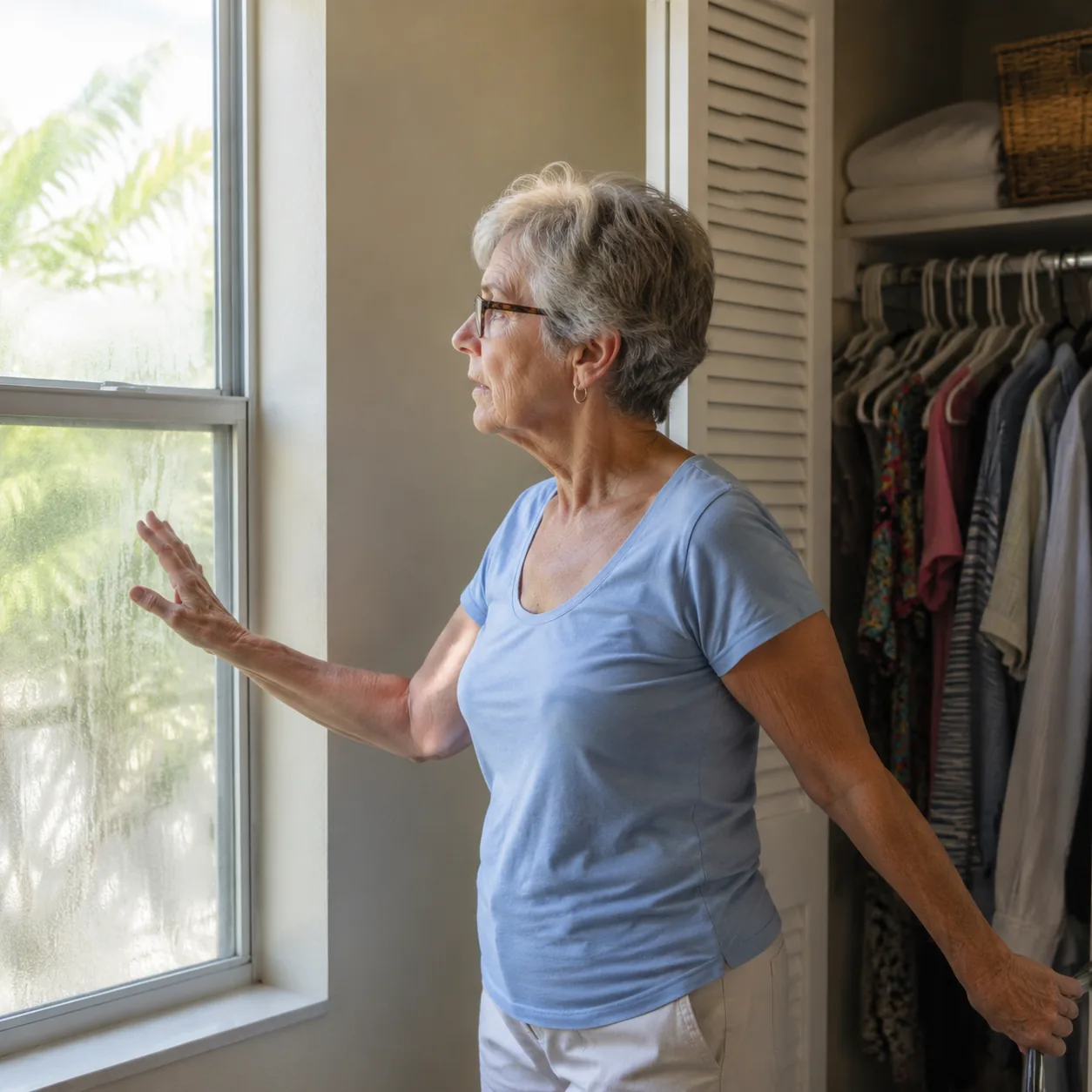 older homeowner checking window condensation and closet moisture in Florida house, realistic editorial lifestyle photogr