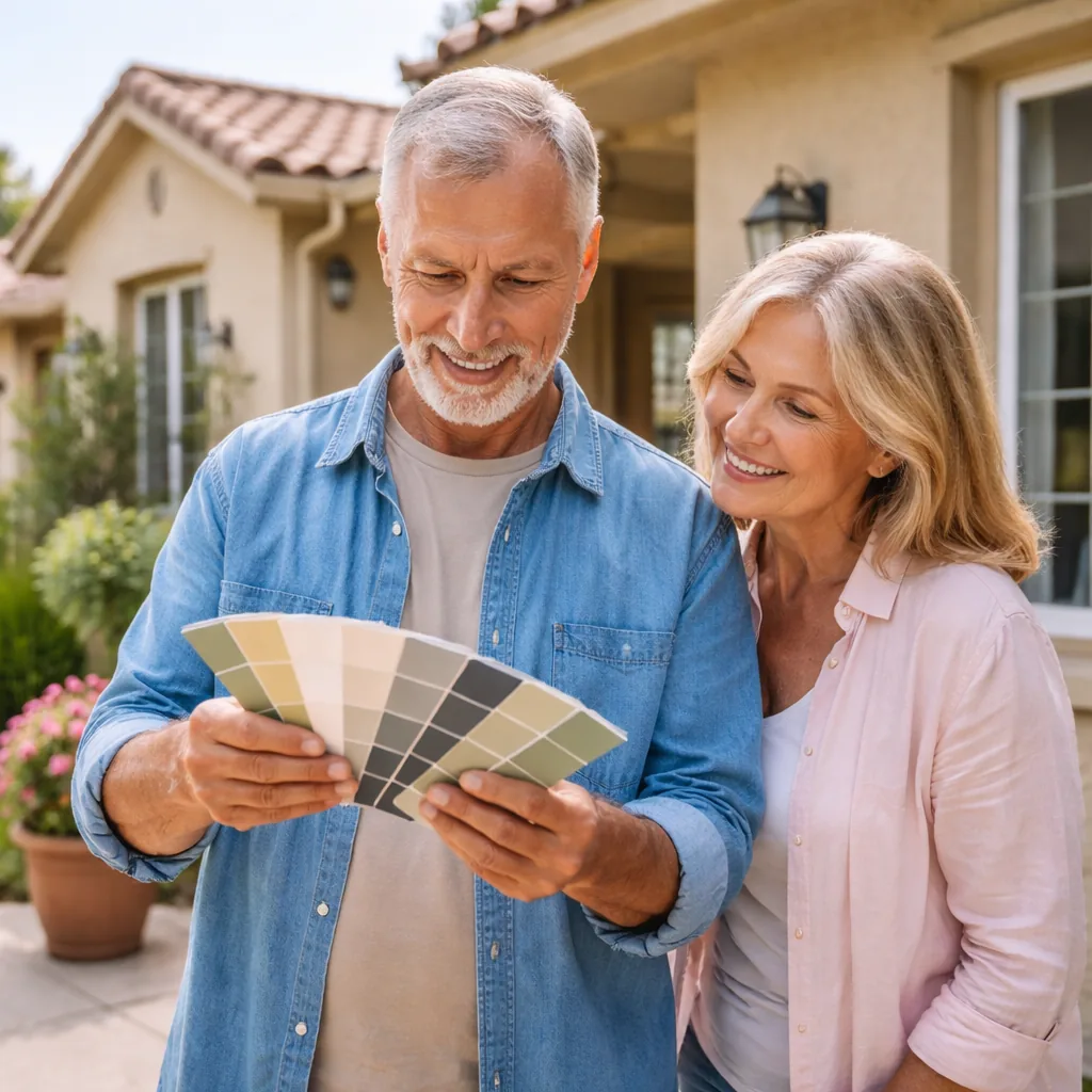 older homeowner looking at paint swatches outside stucco 55 plus community home, realistic editorial lifestyle photograp