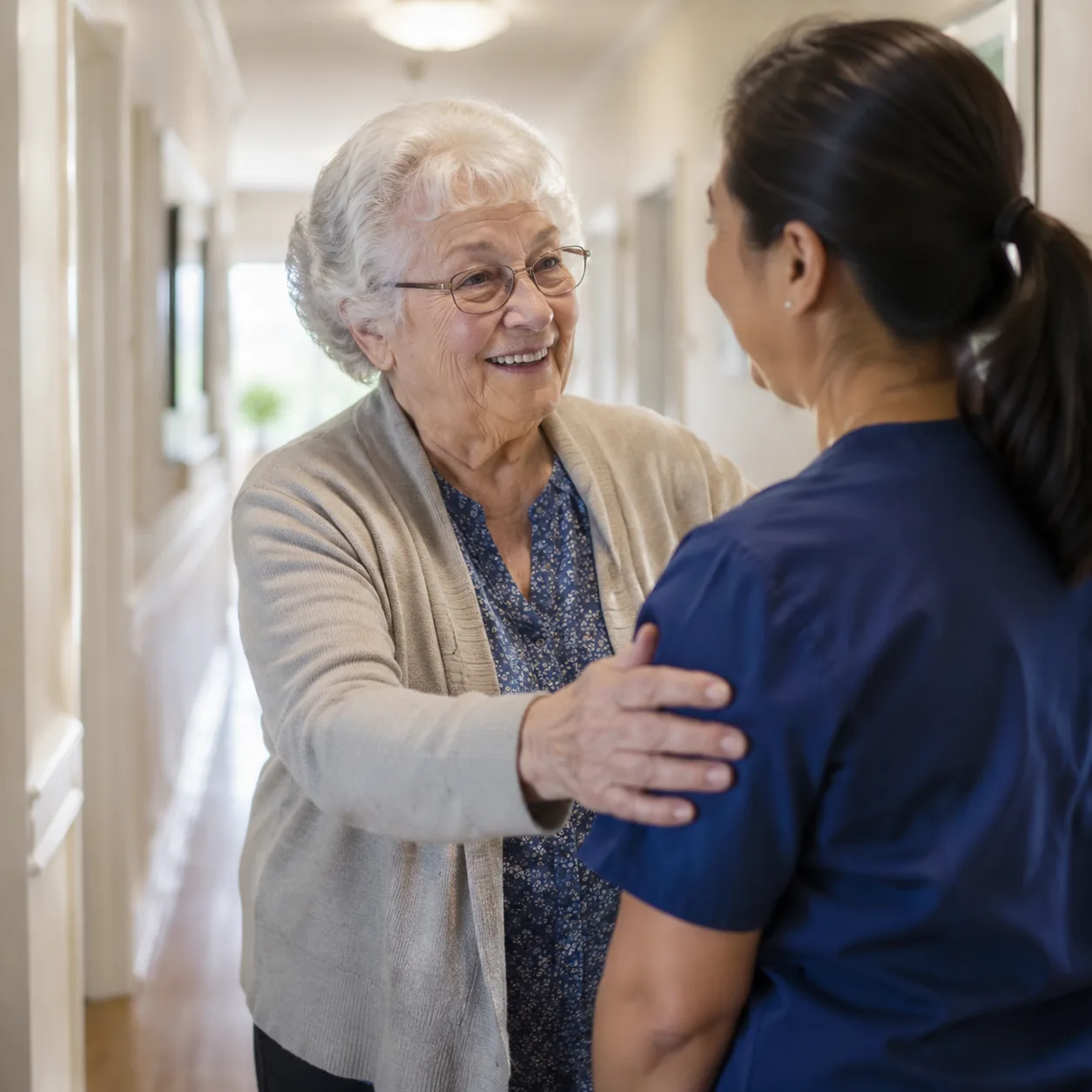 older resident greeting familiar assisted living caregiver in hallway, realistic editorial lifestyle photography for Ame