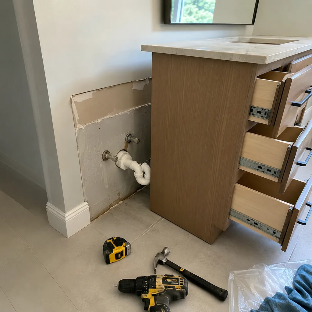 Realistic editorial photo of a bathroom vanity cabinet pulled away from wall because pipes do not line up with drawers, remodel tools and tape measure visible