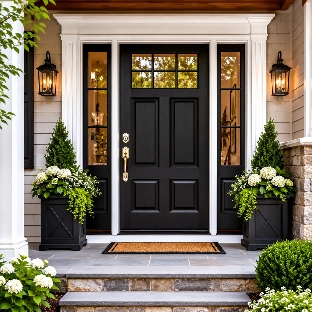 Realistic editorial photo of a black front door on an American home with trim, planters, hardware, and porch details showing trim details that frame the door