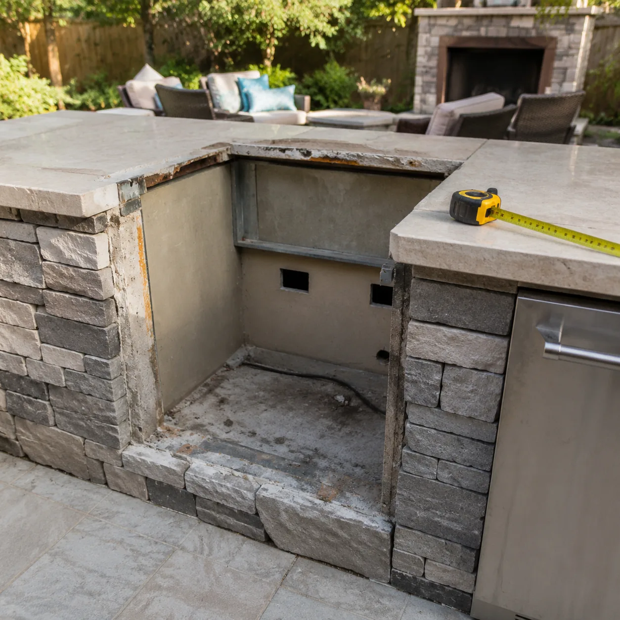 Realistic editorial photo of a built-in outdoor kitchen opening that no longer fits a replacement grill, measuring tape 
