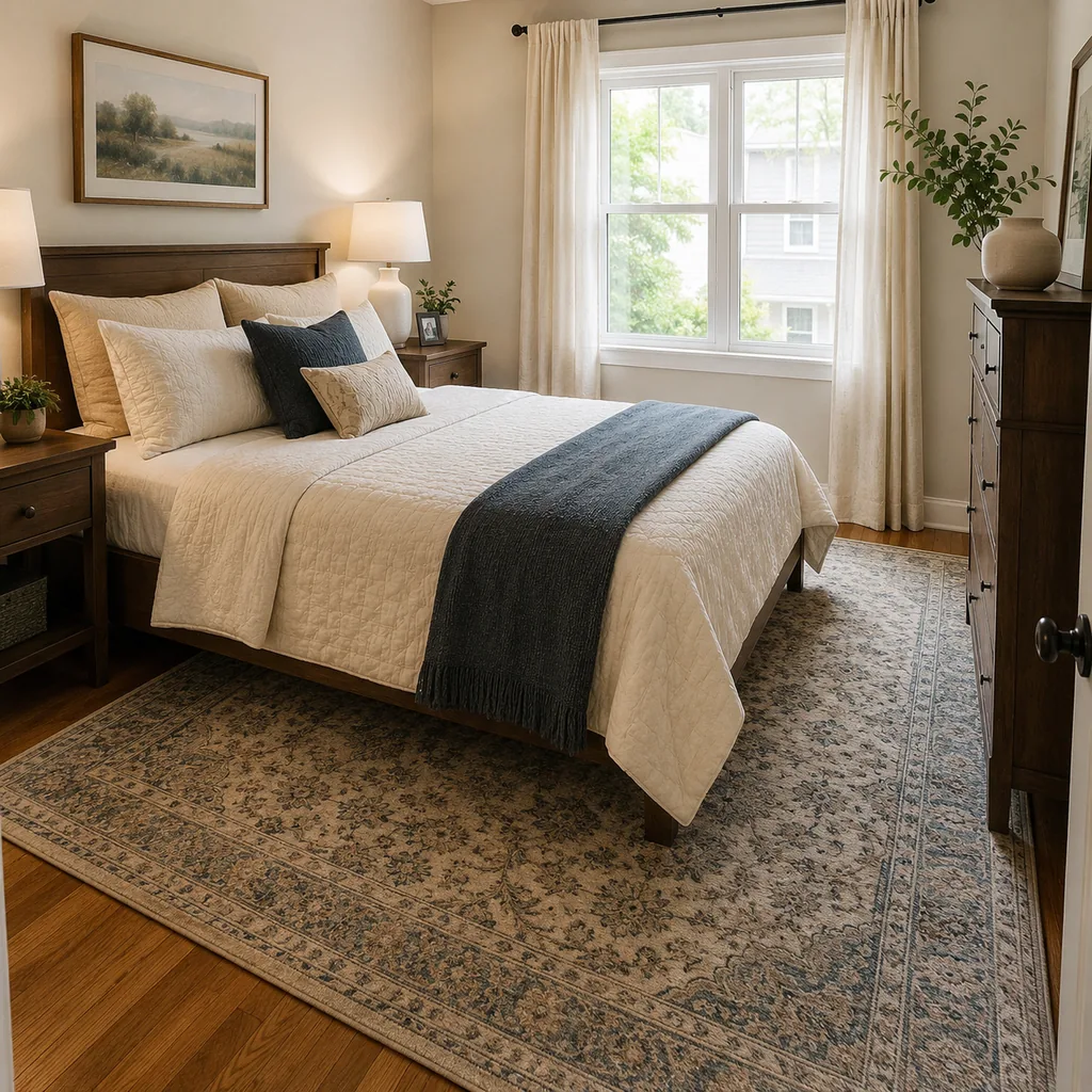 Realistic editorial photo of a compact American bedroom with bed, nightstands, window, dresser, and tight walkways showing rug large enough to anchor the furnit
