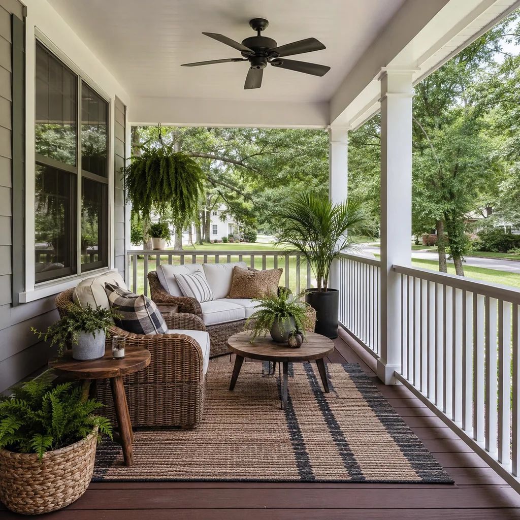 Realistic editorial photo of a covered porch with chairs, ceiling fan, plants, side tables, rug, and outdoor living details showing railings that feel proportio