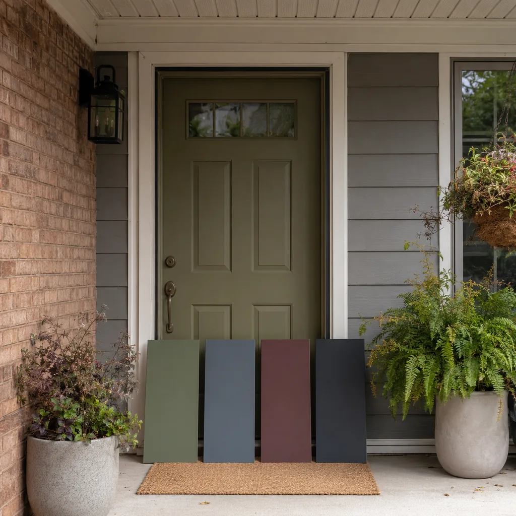Realistic editorial photo of a front entry with door paint samples, brick, siding, plants, and trim showing colors that photograph better than they live