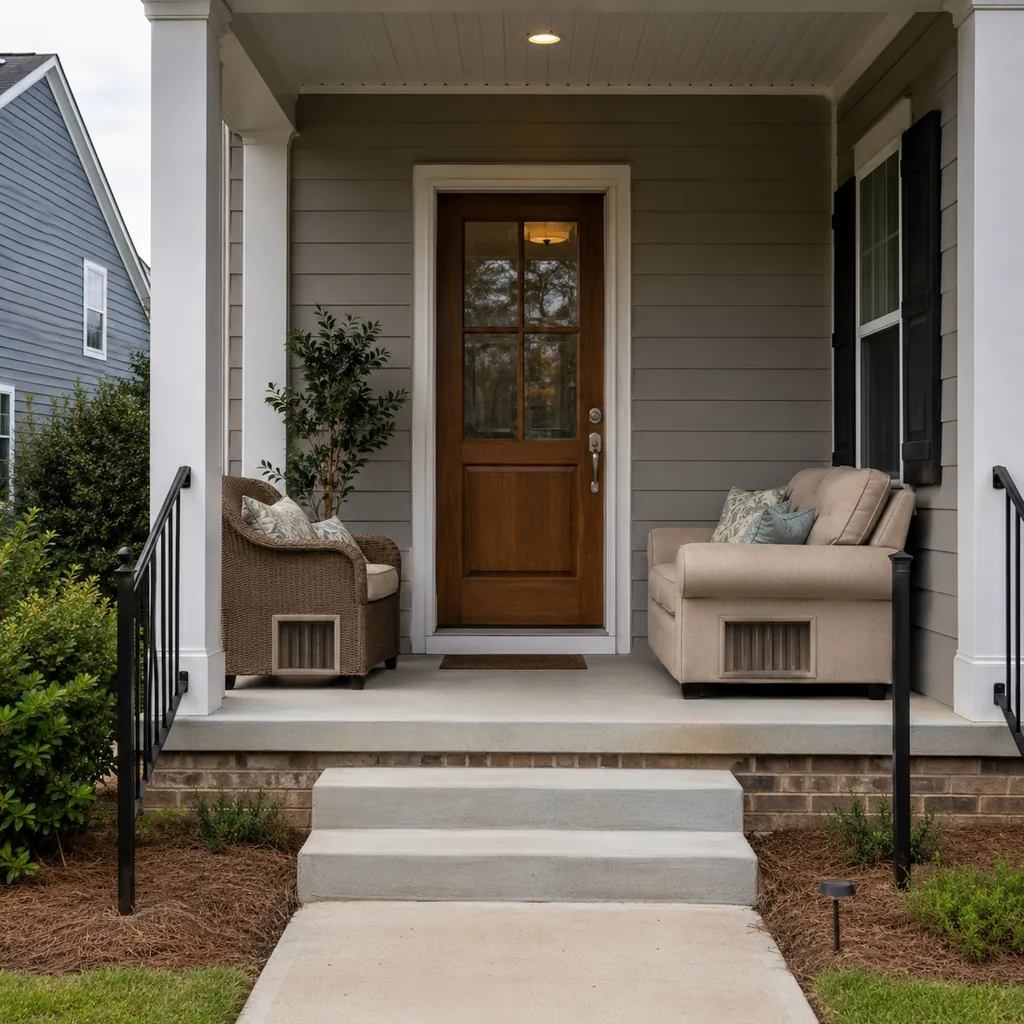 Realistic editorial photo of a front porch prepared for a home showing with steps, door, railings, seating, and curb appeal issues showing hvac vents blocked by