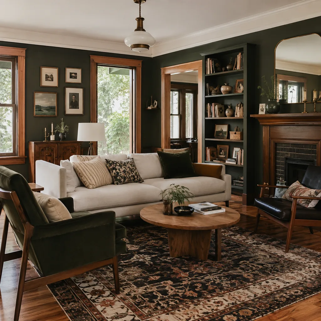 Realistic editorial photo of a home interior with vintage decor, modern furniture, warm wood, patterned accents, and layered lighting showing dark green treated