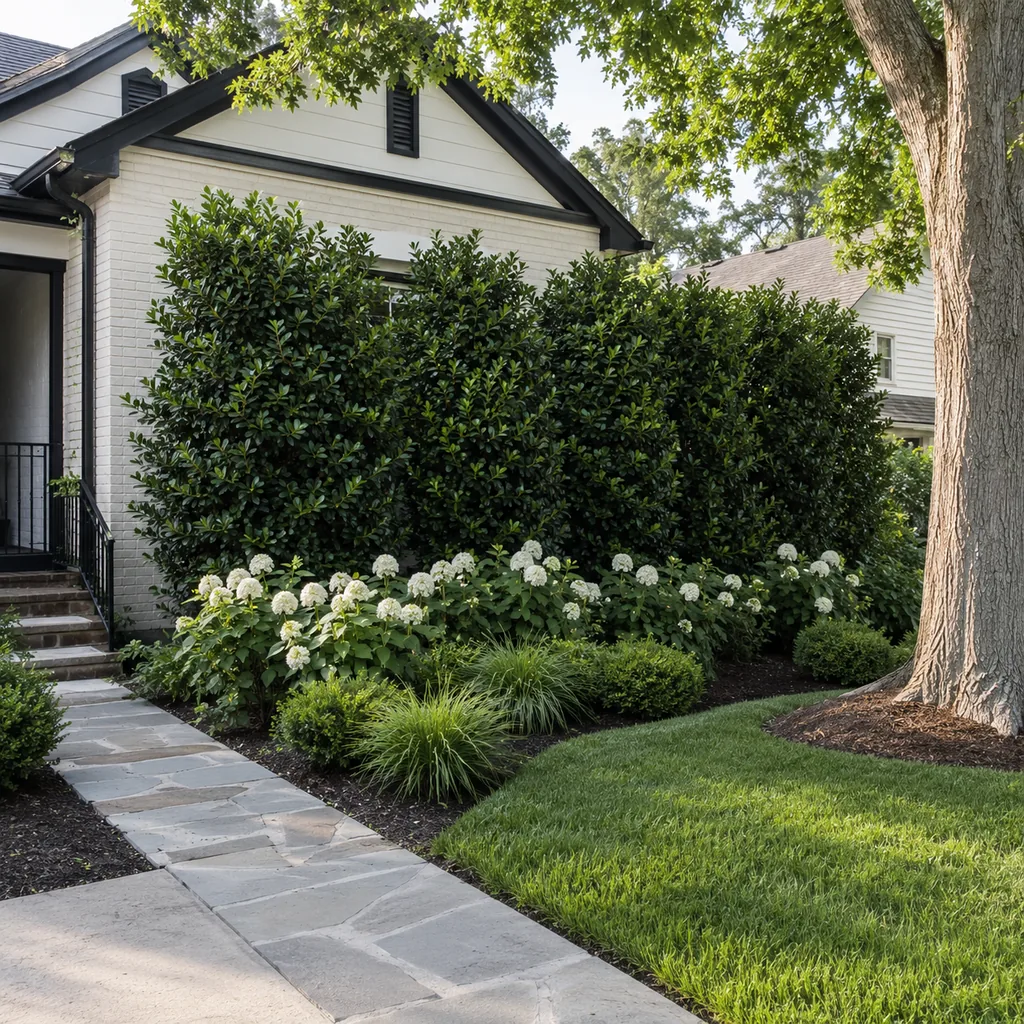 Realistic editorial photo of a landscaped American front yard with lawn, shrubs, mulch beds, trees, walkway, and house exterior showing shrubs that hide the win