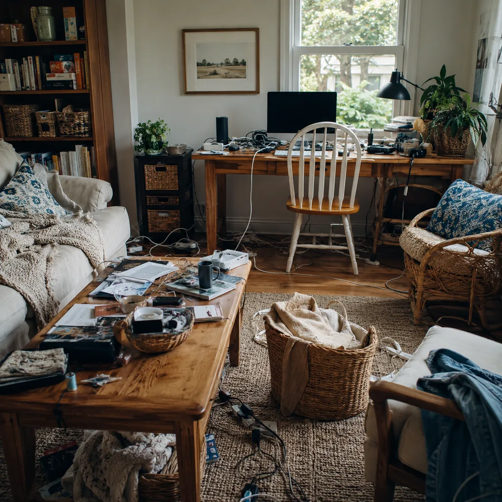 Realistic editorial photo of a living room with crowded surfaces, extra chairs, baskets, blankets, cords, and storage furniture showing desk with no cable plan