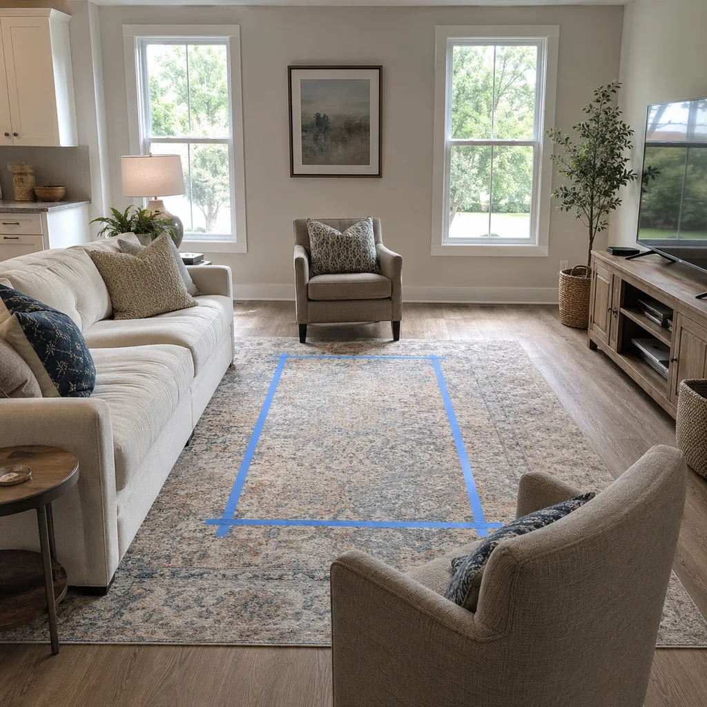 Realistic editorial photo of a living room with sofa, chairs, rug, TV, windows, and taped layout marks showing coffee table that fits the sofa