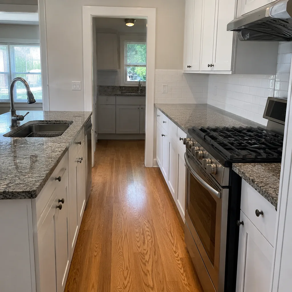 Realistic editorial photo of a realistic American kitchen with sink, cabinets, appliances, counters, and inspection details showing no landing spot beside the o