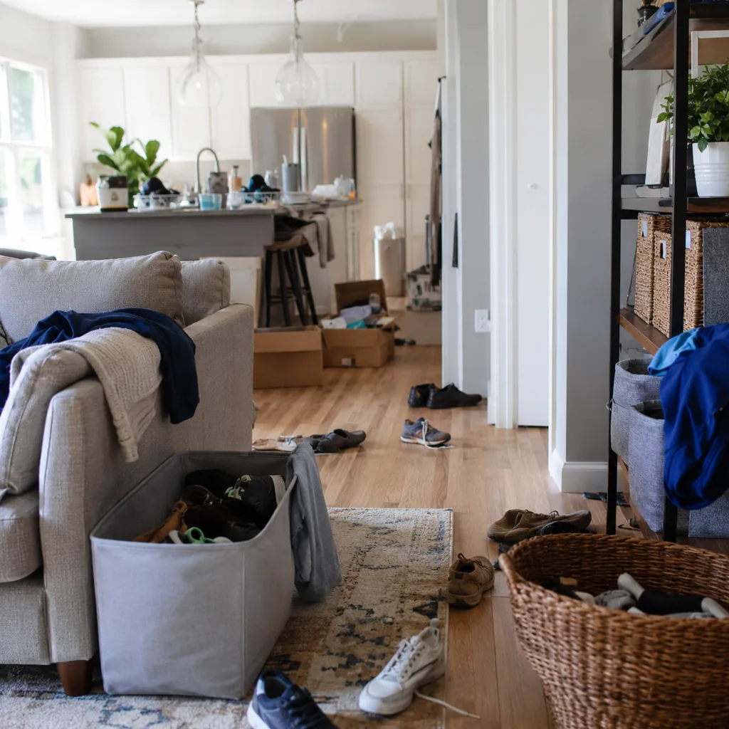Realistic editorial photo of a realistic cluttered living room and kitchen area with boxes, counters, shelves, and organizing bins showing shoes without a daily