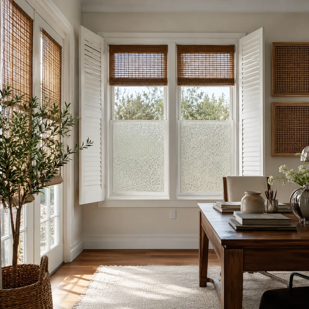 Realistic editorial photo of a room with windows, shades, shutters, woven panels, privacy film, and soft natural light showing no lining on sunny windows