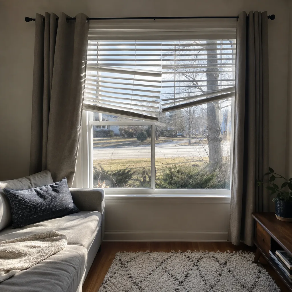 Realistic editorial photo of a small American room with windows, curtains, rods