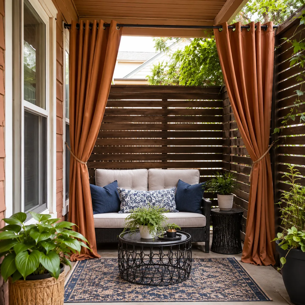 Realistic editorial photo of a small patio with compact seating, outdoor rug, plants, side table, curtains, and privacy screen showing patio curtain color fight