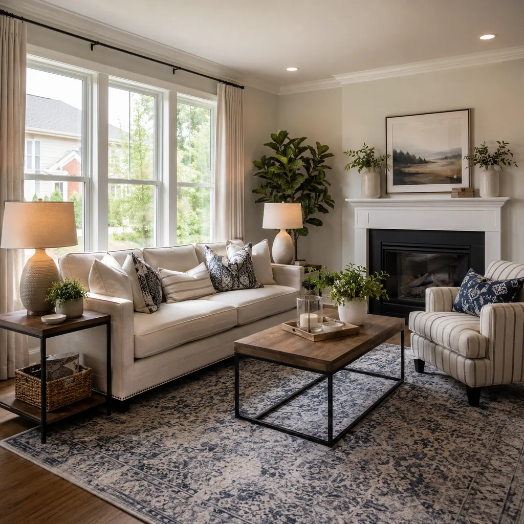 Realistic editorial photo of a staged American living room with sofa, rug, windows, lighting, and buyer-facing details showing side tables within reach of seats