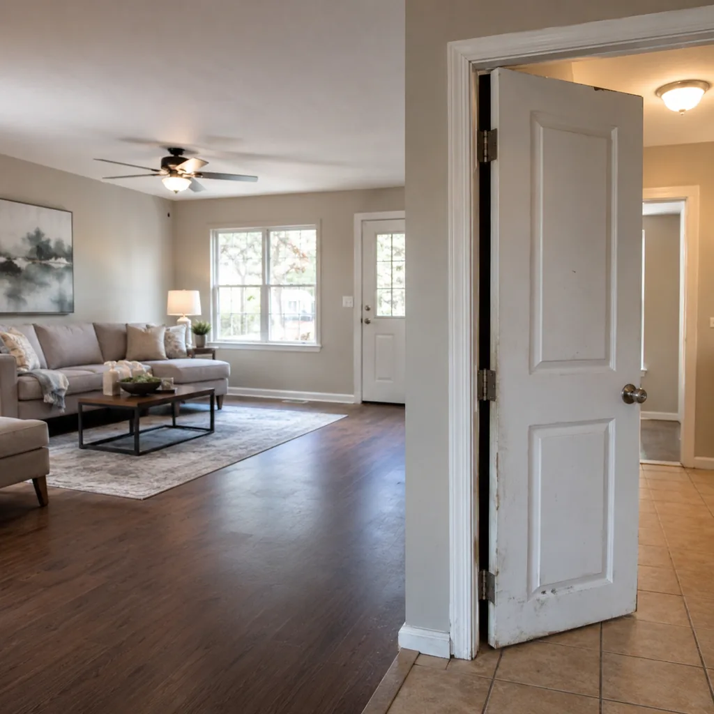 Realistic editorial photo of a staged home interior with living room, entry, lighting, furniture placement, and listing-photo details showing doors that rub the
