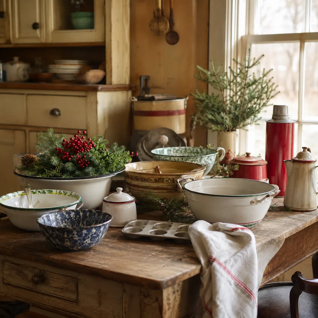 Realistic editorial photo of a vintage kitchen table with bowls, enamel cookware, utensils, tins, and warm window light showing vintage holiday decor before it 