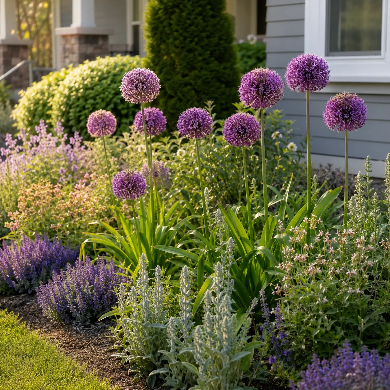 Realistic editorial photo of Alliums growing in front yard border with deer resistant flowering plants, realistic editor