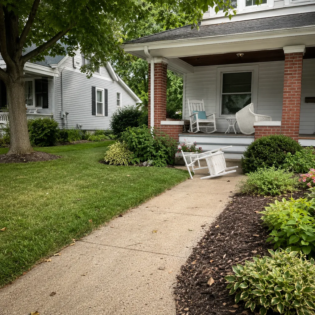 Realistic editorial photo of an American front yard with lawn, shrubs, walkway, mulch beds, trees, and a front porch showing furniture too light for wind