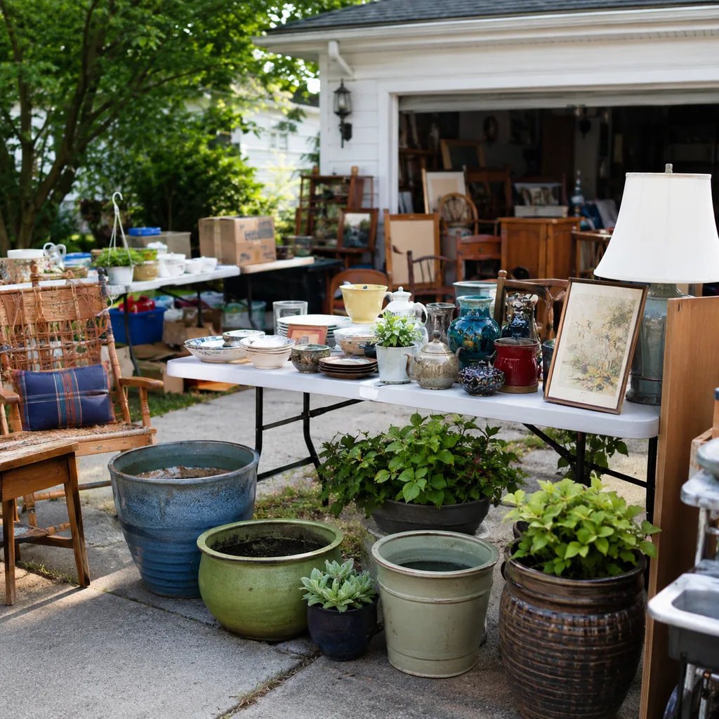 Realistic editorial photo of an American garage sale with folding tables, boxes, old kitchen items, furniture, and collectibles showing ceramic planters with cl
