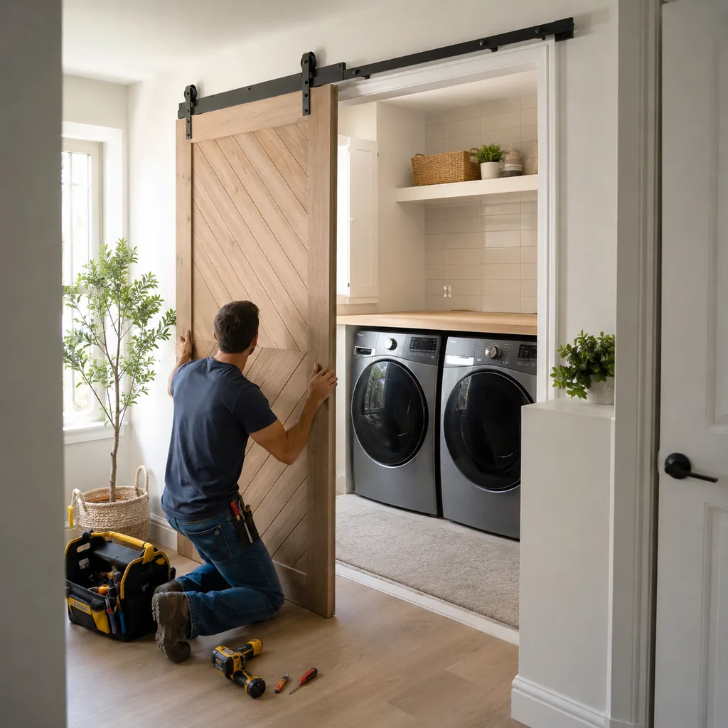 Realistic editorial photo of an American laundry room showing installing a door that fights machines