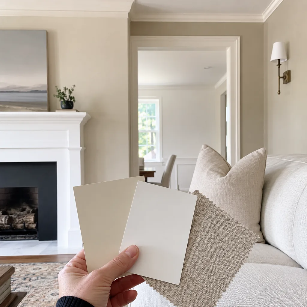Realistic editorial photo of an American living room with paint swatches, sofa fabric, wall colors, and natural light showing cream and white clashing together