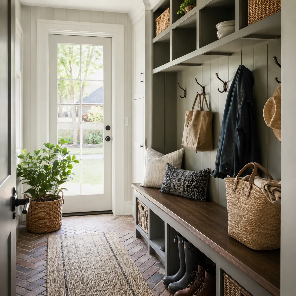 Realistic editorial photo of an American mudroom showing skipping good lighting