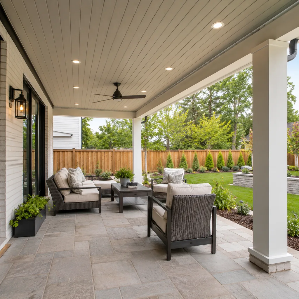 Realistic editorial photo of an American patio showing forgetting night lighting