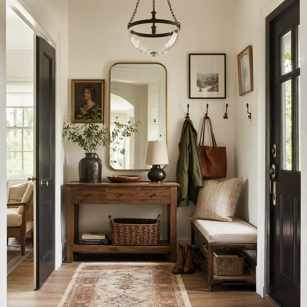 Realistic editorial photo of an entryway with console table, mirror, bench, hooks, rug, lighting, and storage showing vintage art mixed with modern frames