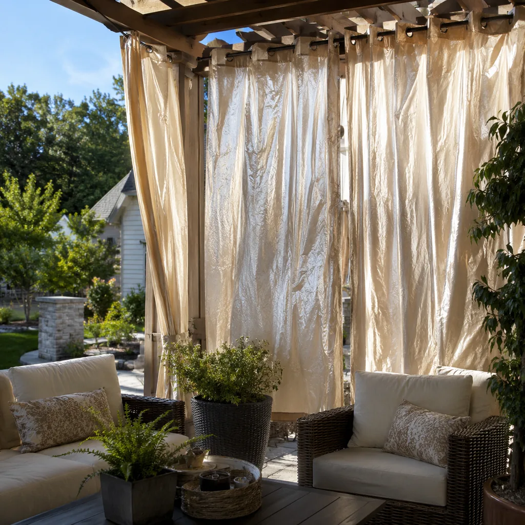 Realistic editorial photo of an outdoor patio with pergola curtains, seating, plants, fabric panels, and sunlight showing panels that are too shiny
