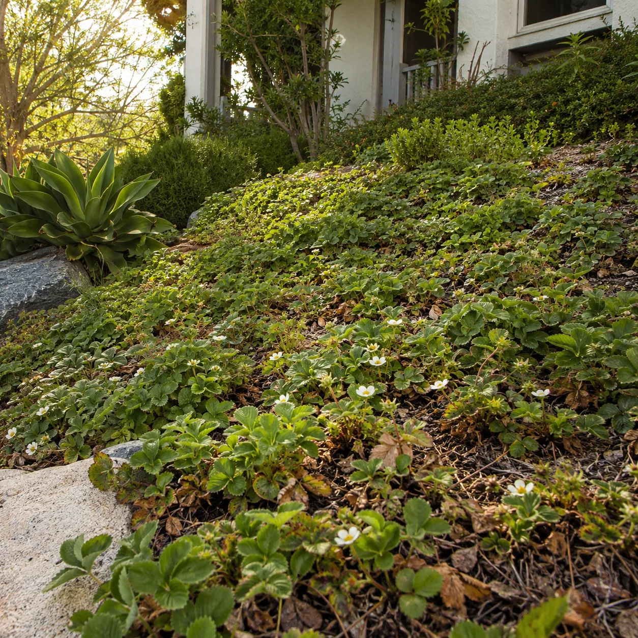 Realistic editorial photo of Barren strawberry growing in sloped front yard planted with controlled ground covers, reali