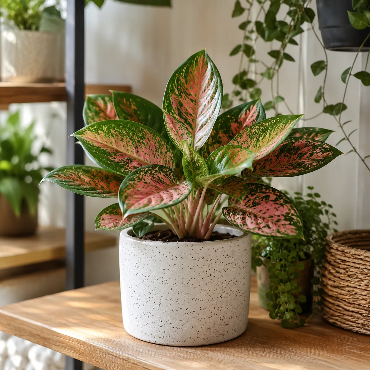 Realistic editorial photo of Chinese evergreen growing in bright indoor shelf with low maintenance houseplants, realisti