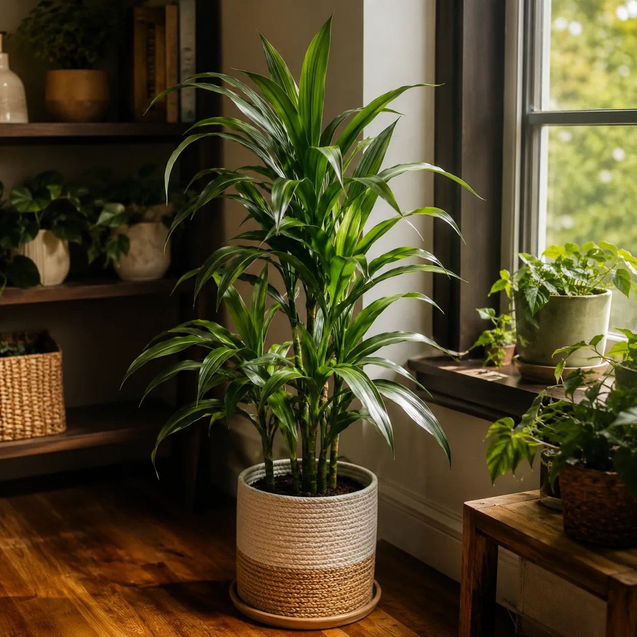 Realistic editorial photo of Dracaena Lisa growing in low light room corner with houseplants near a window, realistic ed