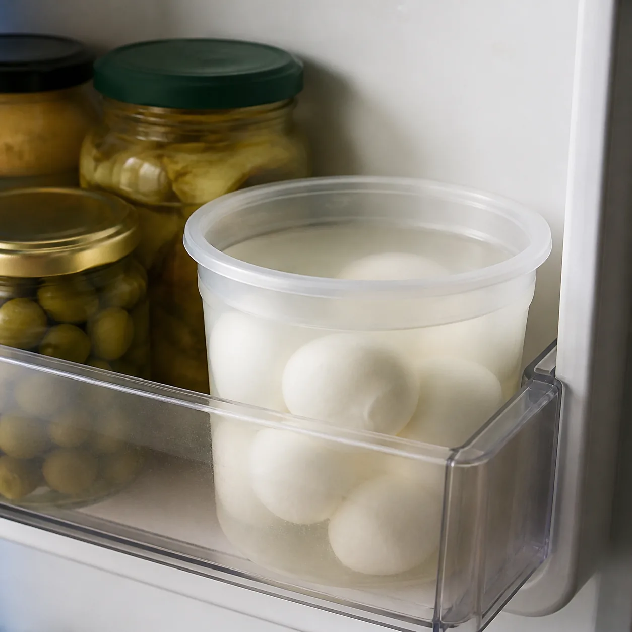 Realistic editorial photo of fresh mozzarella in brine container sitting in a refrigerator door bin beside jars, soft ki