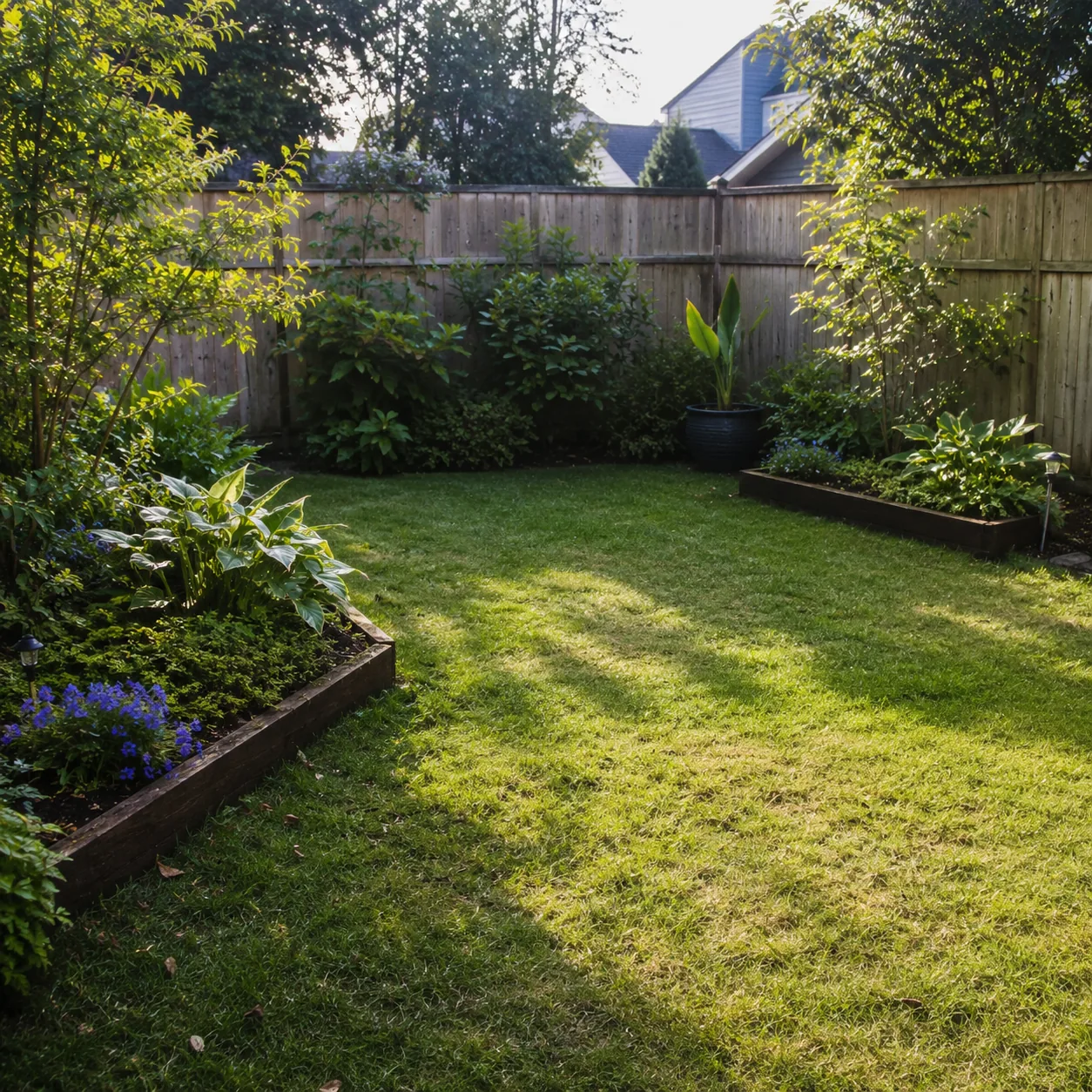 Realistic editorial photo of keep the center open in small fenced backyard, realistic editorial photo, natural light, 1:
