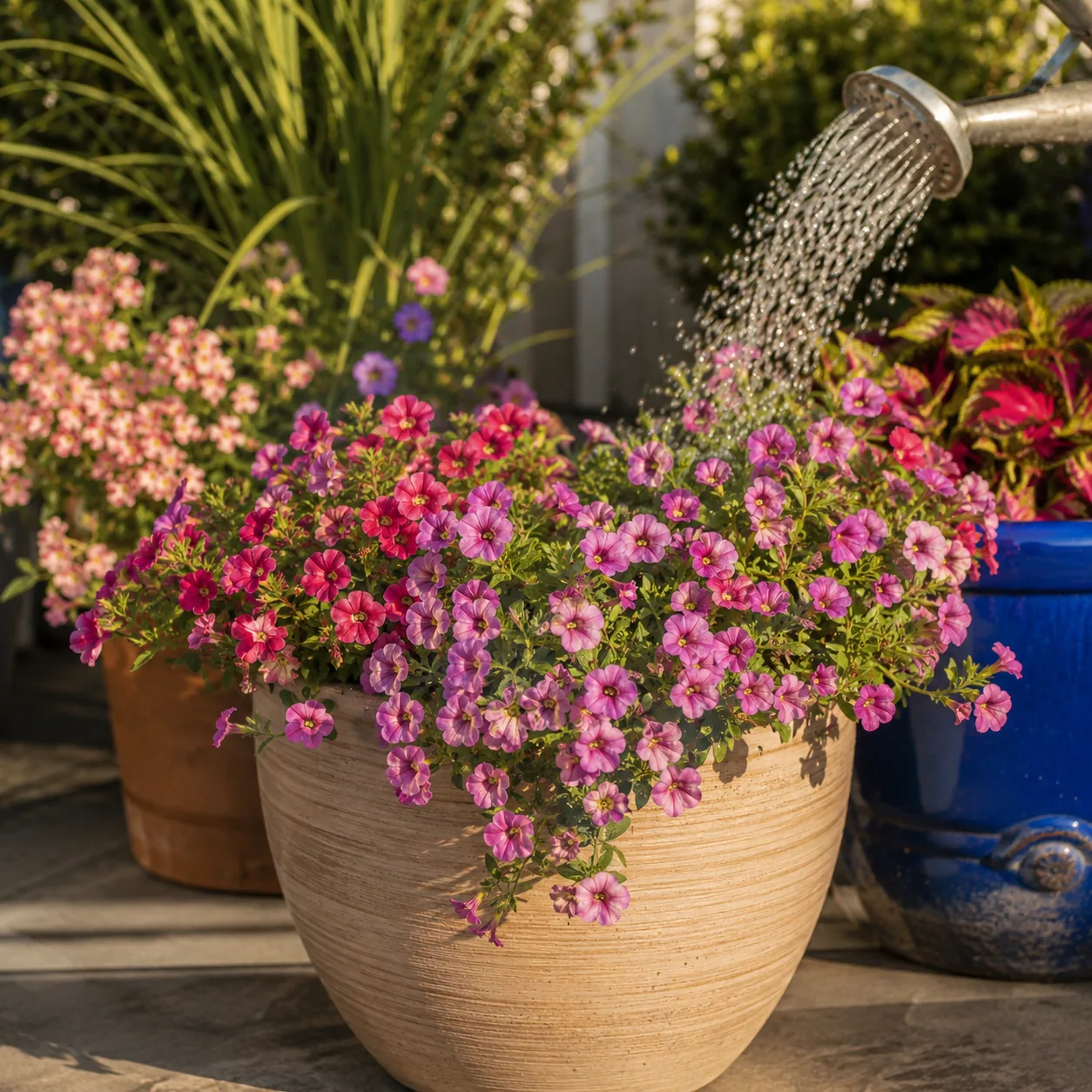 Realistic editorial photo of Million bells with water growing in sunny patio containers with heat tolerant flowering pla