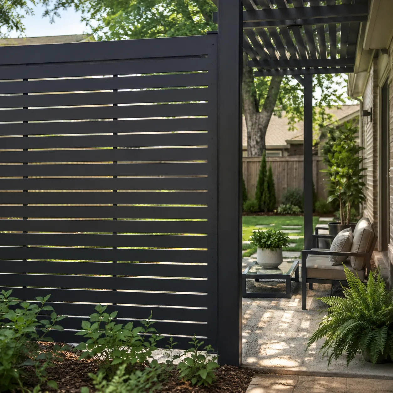 Realistic editorial photo of pergola side panel in an ordinary backyard needing privacy, realistic editorial photo, natu