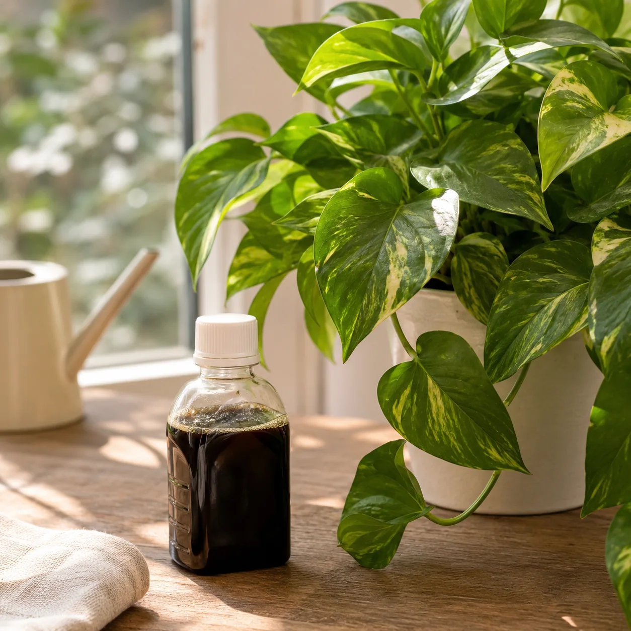 Realistic editorial photo of small bottle of balanced houseplant fertilizer beside pothos in spring light, warm natural 
