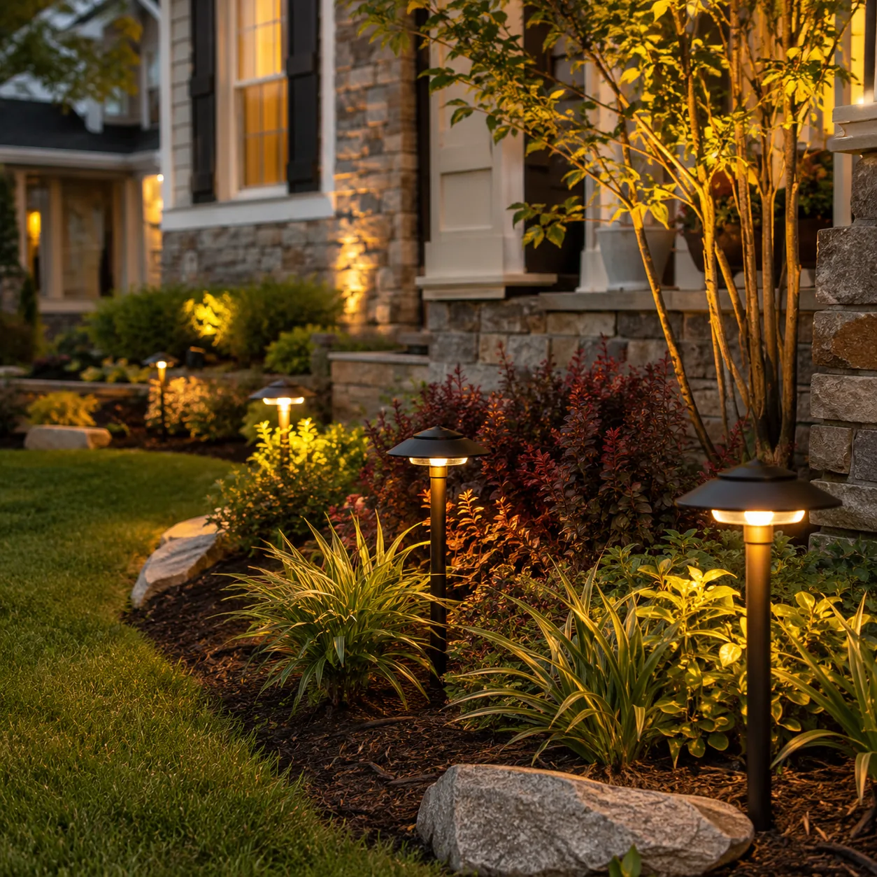 Realistic editorial photo of use warm low-voltage lights in polished suburban front yard, realistic editorial photo, nat