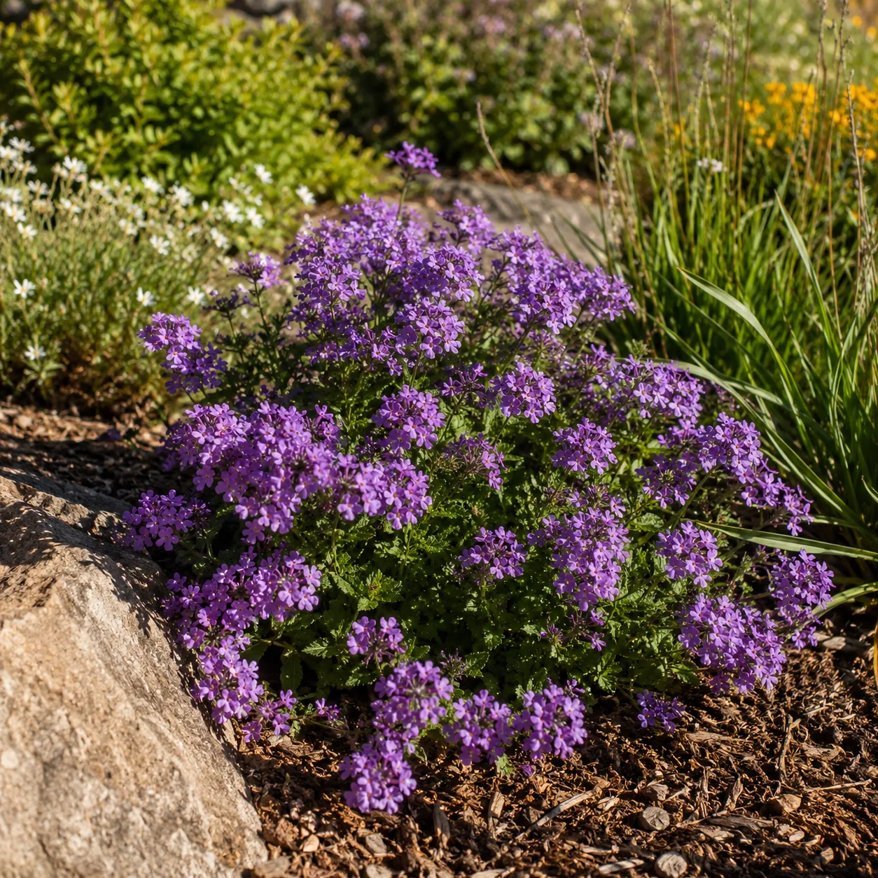 Realistic editorial photo of Verbena growing in sunny drought tolerant flower bed in summer heat, realistic editorial ph