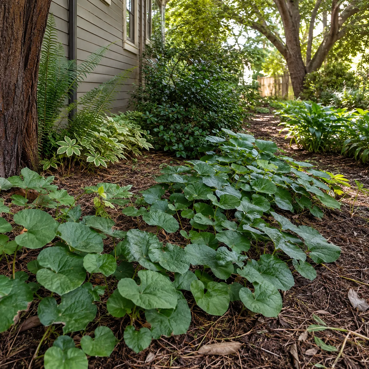 Realistic editorial photo of Wild ginger growing in dry shady side yard under mature trees planted with shade tolerant p