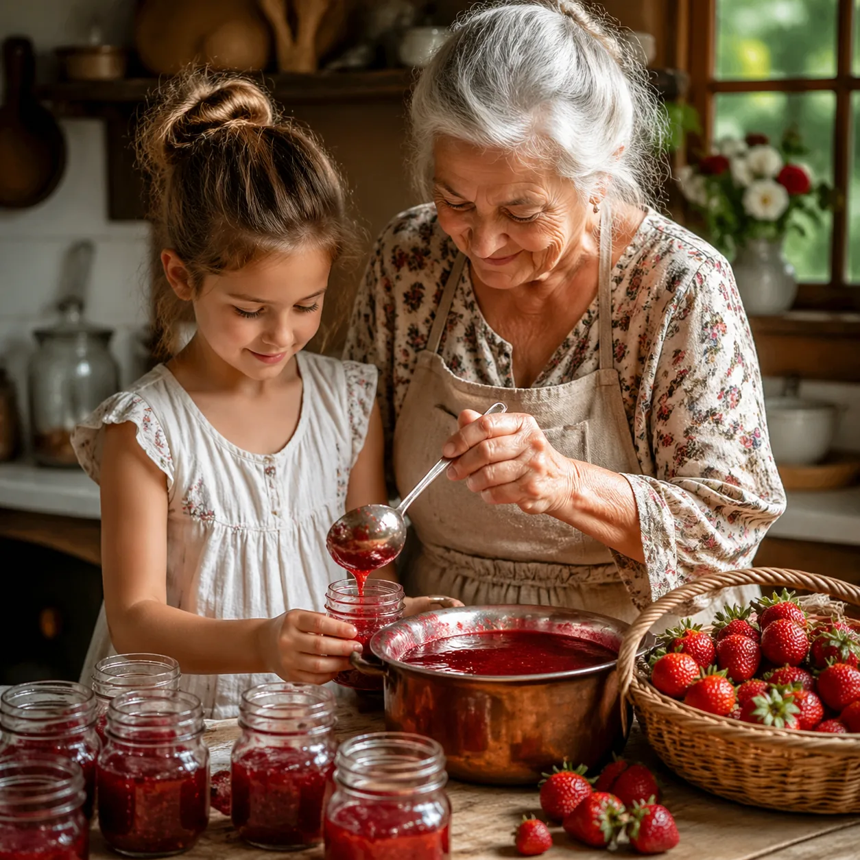Warm editorial photo of a grandmother and granddaughter ladling glossy red strawberry jam into glass jars on a sunlit ki