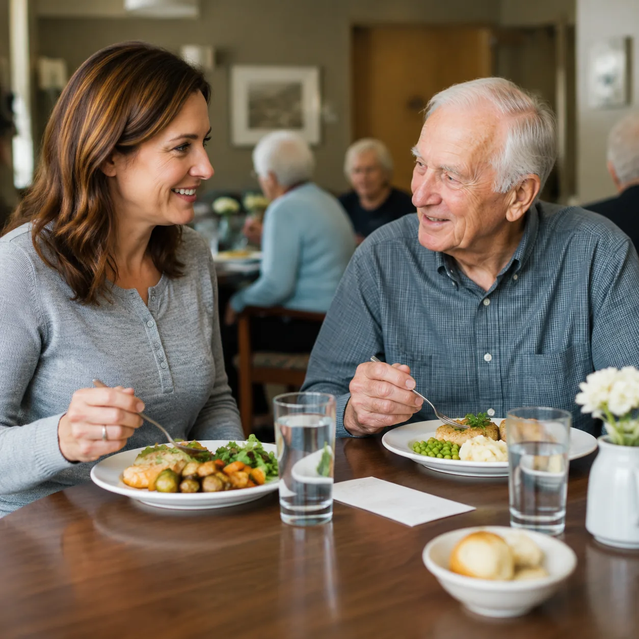 adult daughter eating dinner with elderly father in assisted living dining room with receipt on table, realistic editori