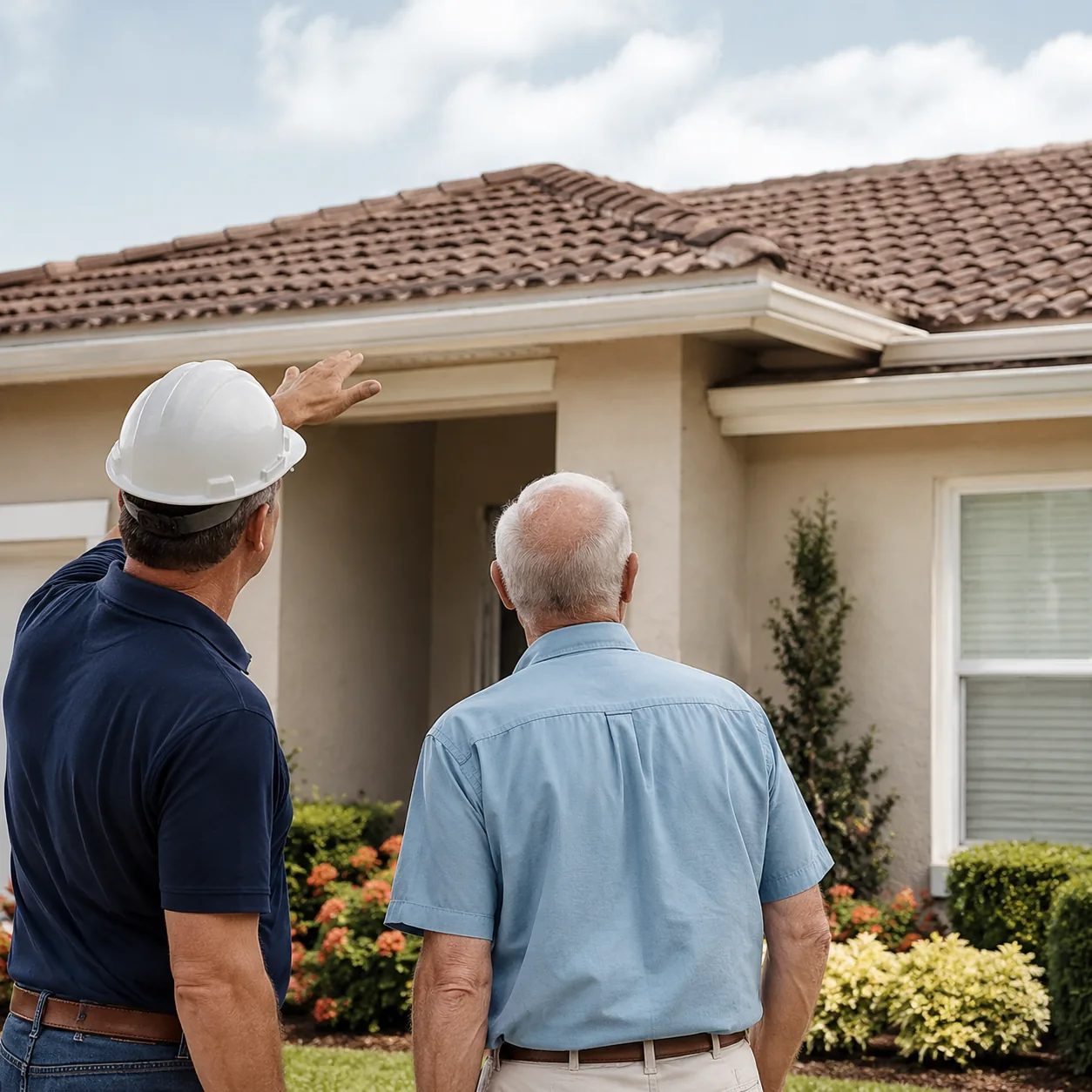 contractor and older homeowner looking at roof in age-restricted community, realistic editorial lifestyle photography fo