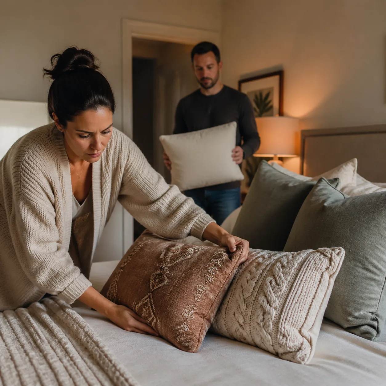 Cozy realistic photo of a wife arranging decorative pillows on a bed with intense concentration, husband in background h
