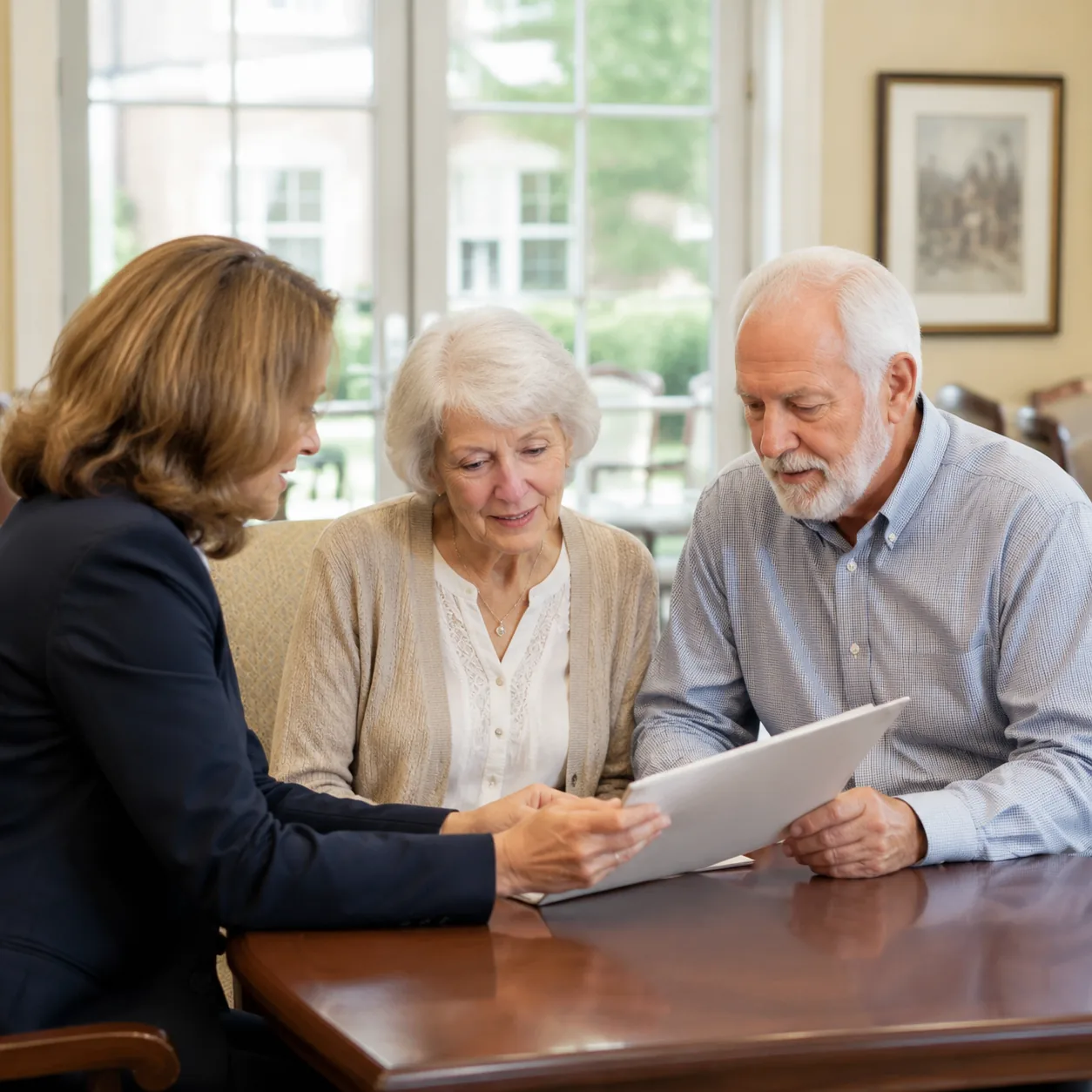 family reviewing assisted living inspection folder with administrator, realistic editorial lifestyle photography for Ame