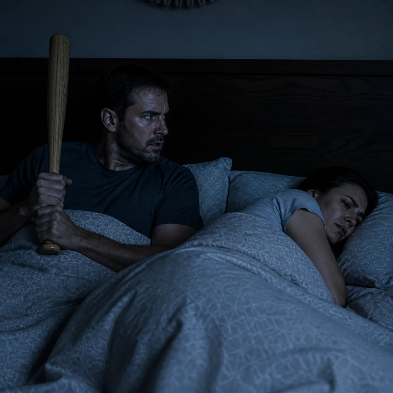 Funny realistic lifestyle photo of a husband sitting up in bed in the dark holding a baseball bat while his wife rolls o