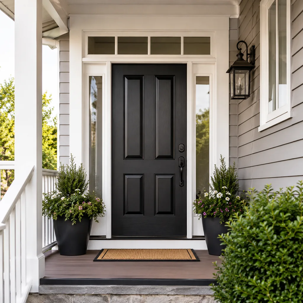 Realistic editorial photo of a black front door on an American home with trim, planters, hardware, and porch details showing threshold that looks fresh